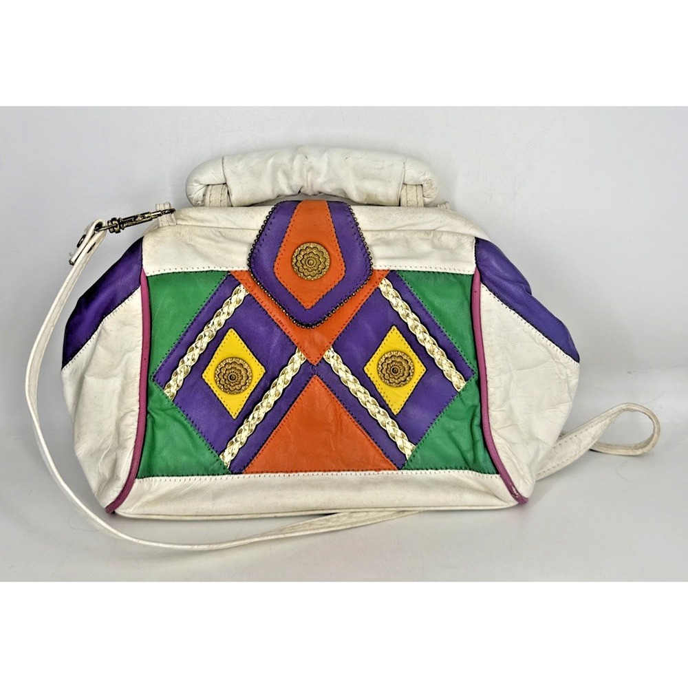 Vintage 80s Noble Handbags Inc White Leather Patchwork Color-block Crossbody Bag